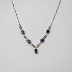 African Amethyst New Silver Tone Platinum Bond Stainless Steel V Drop Necklace